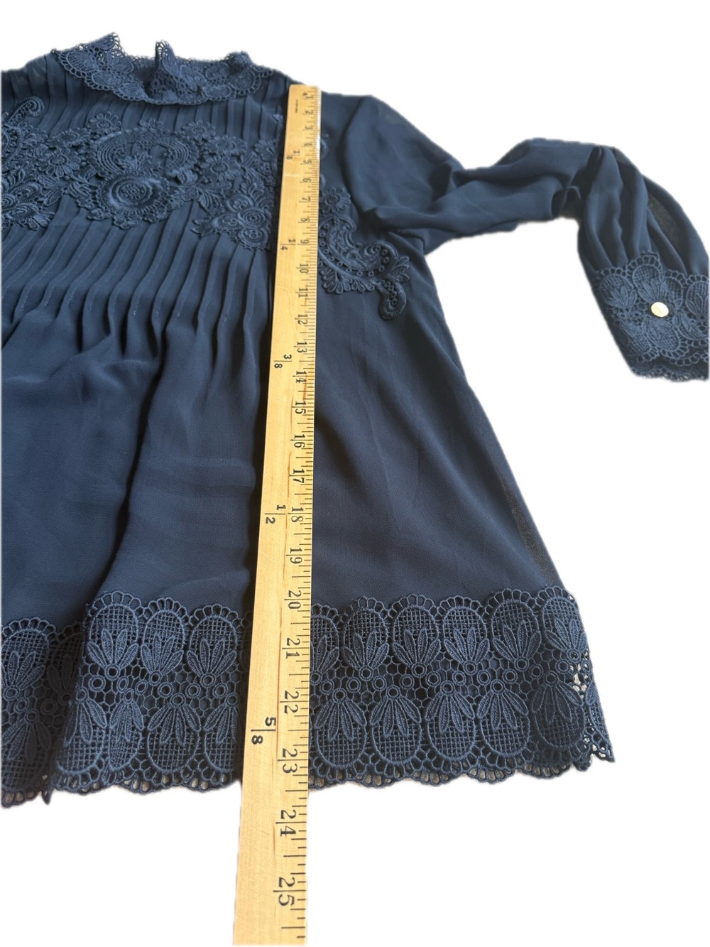 TED BAKER Lace-Yoke High Neck Blouse - Navy With Gold Button - Picture 10 of 11